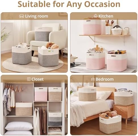 OIAHOMY 13 Inch Cube Storage Bins, 3-Pack Cotton Rope Woven Baskets for Organizing, Insert Storage Baskets for Shelves, Baby Nursery, Closet Organizer, 13 * 13 * 12.6IN, Gradient Gray - Image 6