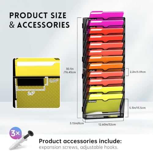 13-Tier Wall File Organizer with Base and Hooks, Hanging Organizer, Black - Image 7