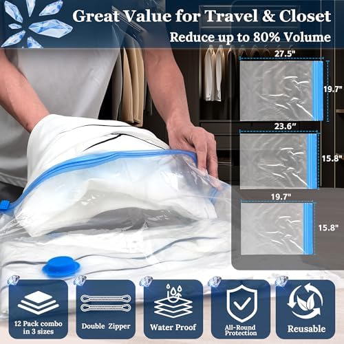 Vacuum Sealing Bags for Clothing Travel,Space Saver Vacuum Storage Bags with Wireless Air Pump (12 Combo Bags+Electric Pump) - Image 3