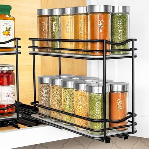 LYNK PROFESSIONAL® Pull Out Spice Organization for Cabinets - 4-3/8 inch Wide – Spice Rack for Inside Cabinets, Slide Out Spice Rack Organizer for cabinet – Pull Out Spice Rack, Sliding 2 Tier Black by LYNKPROFESSIONAL