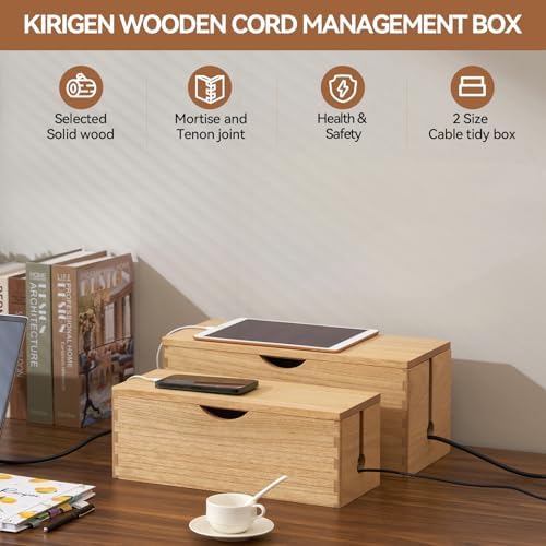 KIRIGEN Wooden Cable Management Box Set of 2, Cord Organizer, Natural - Image 2