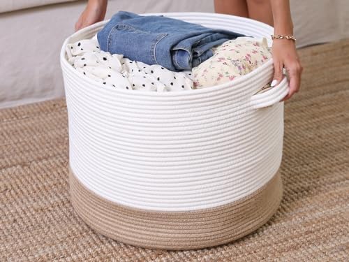 20x15 Inch Extra Large Round Cotton Rope Storage Basket with Lid, Decorative Woven Bin with Cover for Living Room Bedroom Closet, White & Jute - Image 7