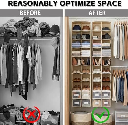 20 Section Hanging Shoe Organizer for Closet, Hanging Closet Organizer and Storage Space-Saving Foldable Clothes Shelf with Sturdy Hooks for Wardrobe, Dorm, Bedroom, Rv, Beige - Image 6