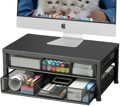 OPNICE Desk Organizer and Accessories, 2-Tier Computer Monitor Stand Riser with 2 Drawer, Laptop Stand, Office Desk Accessories for Office Supplies, Black by OPNICE