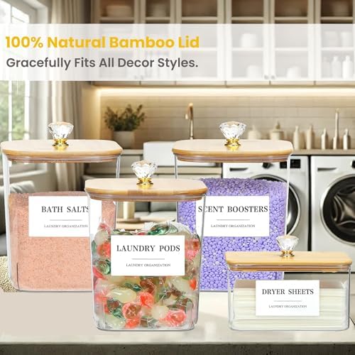 4 Pack Clear Laundry Pods Container & Dryer Sheet Holder Set with Lid, Laundry Containers with Scoops & Labels, Laundry Room Organization and Storage for Laundry Detergent, Pods, Powder, Beads - Image 2
