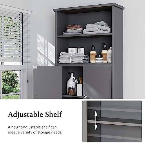 Over the Toilet Storage Cabinet for Bathroom, Storage Cabinets Over Toilet, Bathroom Floor Mounted Cabinet Space Saver with Adjustable Shelf and 2 Open Shelves, 75in, Grey - Image 5