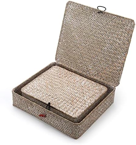 Whitewash Seagrass Basket with Lid Rectangular Decorative Storage Boxes for Shelf Organize Snack Toys Set of 2 (Large+Small) - Image 4