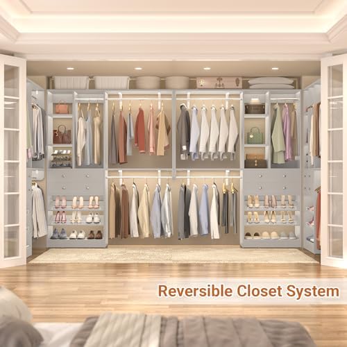 10FT Closet System with 4 Drawers, 120" Closet Organizer System with 6 Hanging Robs & Reversible Hanging Shelving, Closet Systems for Walk-in Closets, Load 2000+LBS, Morandi Grey 2 Pack - Image 2