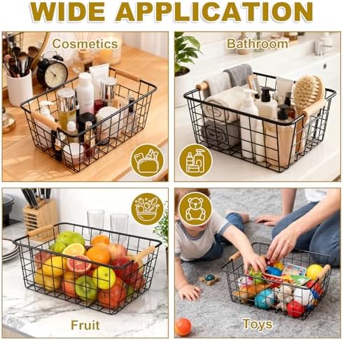 4 Pack Black Metal Wire Storage Baskets, Pantry Baskets for Organizing, Wire Food Storage Basket Organizer with Wooden Handles for Kitchen, Pantry, Freezer - 29 x 22 x 12cm - Image 5