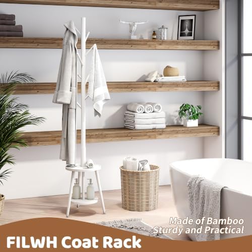 Freestanding Coat Rack with Umbrella Organizer Tray Bamboo Coat Tree Rack with 8 Hook Stand for Clothes Bag Hats Entryway Hanger Stand (Umbrella Tray, White) - Image 6