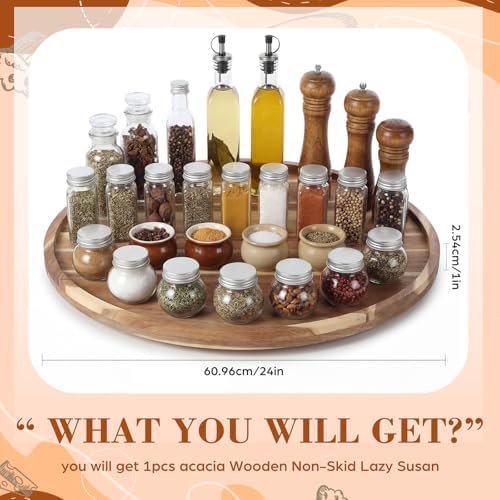 24'' Wood Lazy Susan for Countertop Acacia Large Turntable Rotating Serving Tray for Table Top Non Skid Kitchen Tray Revolving Condiment Spice Rack Table Organization Storage, Natural - Image 4