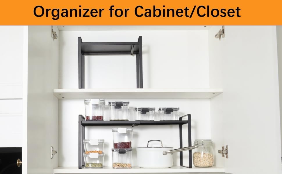 2 Pack Expandable Cabinet Shelf Organizer Riser for Kitchen Pantry Cupboard Under Sink Countertop (2 pack 8.2’’D * 12.2-21.6’’W * 10.4’’H) (Black) - Image 3