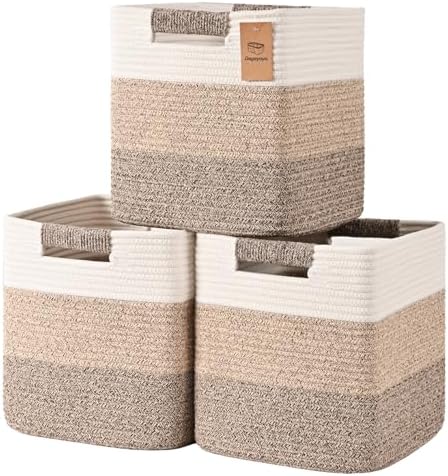11 Inch Storage Cubes, 3 Pack Cube Storage Bins for Organizing, Cotton Rope Woven Baskets for Shelves, Bathroom, Kids Room, Closets, Baby Nursery by Degeyoyo