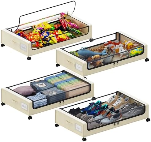 Tututry Under Bed Storage with Wheels, XXL 60L Under the Bed Storage Bins, Underbed Storage Containers with Lids & Label, Rolling Metal Drawer for Shoes, Clothes, Books, Toys (4-Pack Beige) by Tututry