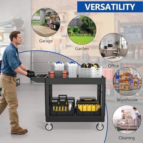 2 Tier Plastic Rolling Cart Utility Cart on Wheels, Heavy Duty Tool Carts with Ergonomic Storage Handle and Deep Shelfs, Work Cart Service Carts for Garage, Warehouse, Workshop, Office, Cleaning - Image 7