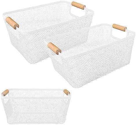 2Pack Metal Mesh Steel Basket with Bamboo Handle - Wire Metal Basket for Kitchen Organization, 12" Wide Food Organizer Bin, Perfect for Organizing Bulk Pantry (WHITE) by PTSGCAI
