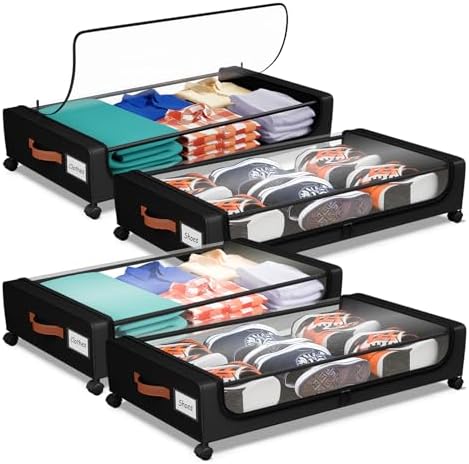 Under Bed Storage with Wheels, UnderBed Storage Containers with Clear Lid and Handles, XXL 60L Under the Bed Storage Bins Drawers for Clothes,Blankets,Shoes,Books (BLACK, 4 PACK) by Futego