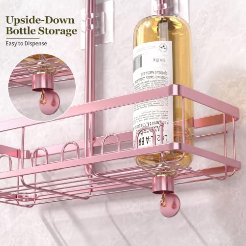 Skyapex Shower Caddy Hanging: Adjustable Height No Blocking to Shower Head - Shower Caddy Over Showerhead Shower Organizer - Rustproof Shower Shelves with Hooks 2 Soap Holders, Pink - Image 6