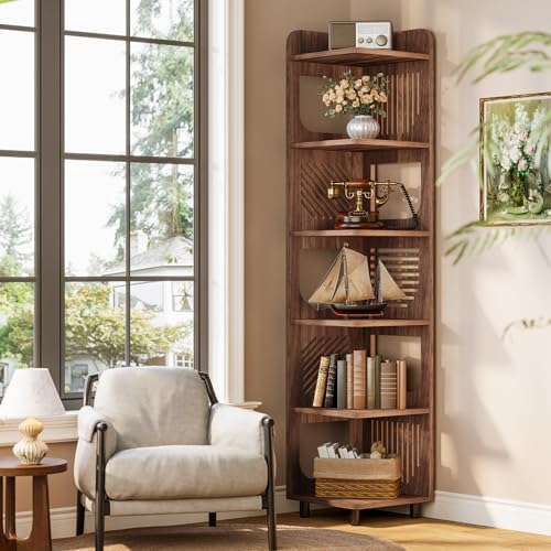 Tribesigns 6-Tier Corner Bookshelf, Tall Narrow Corner Shelf Bookcase with Hollow Design, Farmhouse Skinny Display Shelf for Living Room, Bedroom, Small Space, Brown by Tribesigns