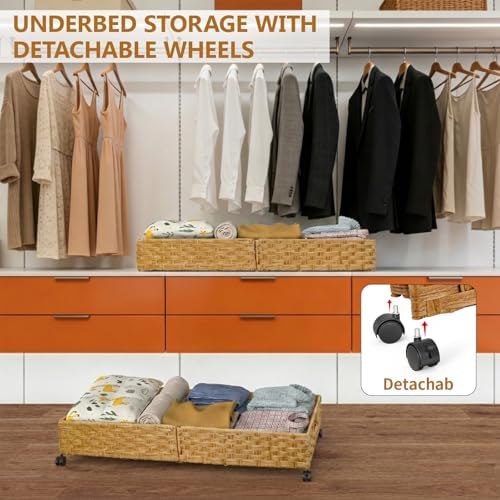 Under Bed Storage Containers with Wheels, 31.5” Large Handwoven Rattan Rolling UnderBed Storage Bins, Tool-free Assembly Natural Under The Bed Organizer Drawers for Bedroom, Sheets Clothes Blankets - Image 5