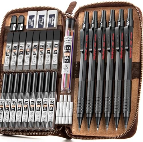 Nicpro 33PCS Black Metal Mechanical Pencil Set in Leather Case by Nicpro