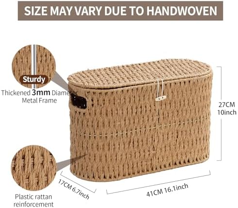 Coeusy Toilet Paper Storage Basket with Lid, Paper Rope Wicker Basket for Bathroom Organizers and Storage, Toilet Paper Holder for Up to 6 Mega Rolls, Boho Hand-Woven Decorative Decor, Natural - Image 3