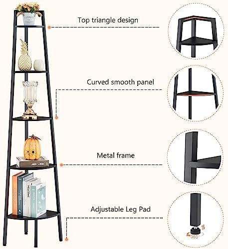 Hoctieon Corner Shelf, 5-Tier Corner Bookshelf, Rustic Ladder Shelf, Industrial Display Stand for Living Room, Kitchen, Home Office, Balcony, Small Space, Metal Frame, Black - Image 5