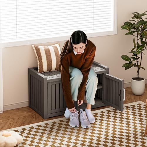 2-Tier Storage Bench, Waterproof UV-Resistant Outdoor Shoe Storage Cabinet with 2 Doors & Adjustable Shelves for Indoor Outdoor Entryway, Hallway, Living Room (Classic Grey) - Image 3