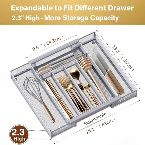 Sedegn Silverware Organizer Metal Mesh, Drawer Organizer, Utensil Cutlery Tray Expandable Flatware Organizer with 7 Compartment Silver 9.6"~16.1" x 13.8" - Image 2