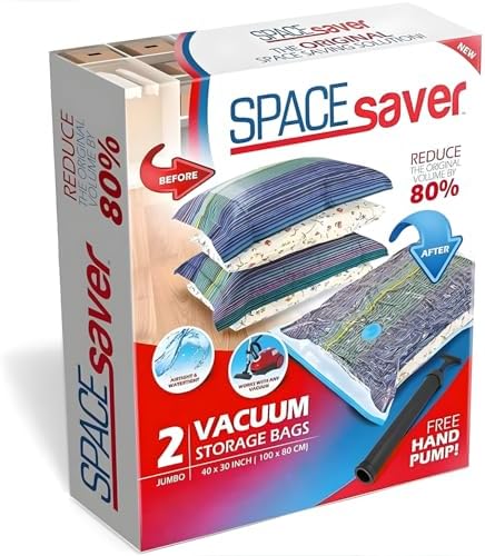 Spacesaver 2 Pack Jumbo Vacuum Storage Bags for Blankets & Clothes – Jumbo Vacuum Sealed Compression Bags with Hand Pump – Space Saver Storage Bags for Bedding, Moving, Travel & Organization by Spacesaver