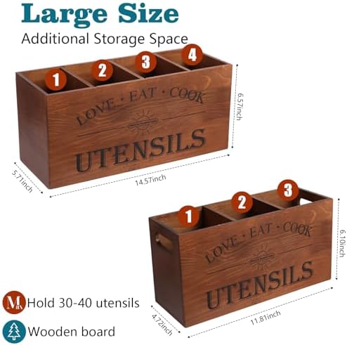2 PC Wooden Utensil Holder,（With 4-Compartments size*1 + 3-Compartments size*1） Extra Large Kitchen Counter,Cooking Spatula Organizer,Farmhouse Decor, Rustic Cooking Utensil - Image 2