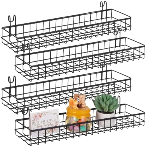 4 Pcs Metal Grid Wall Baskets with Hooks, 15.75 x 3.94 x 1.97 Inch Grid Wall Shelves Hanging Wire Basket Multi Function Storage Organizer for Kitchen Organizing Display (Black) by Unknown