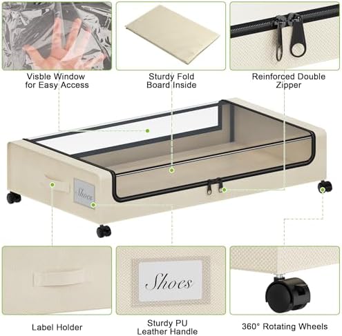 Tututry Under Bed Storage with Wheels, XXL 60L Under the Bed Storage Bins, Underbed Storage Containers with Lids & Label, Rolling Metal Drawer for Shoes, Clothes, Books, Toys (4-Pack Beige) - Image 4