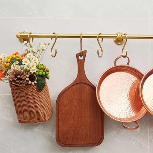 31 Inch Brass Pot Rack Wall Mounted, Kitchen Rail with Hooks for Pots, Pans, Mugs and Utensils, Segmented Wall Hanging Rack, Includes 8 S-Hooks - Image 6