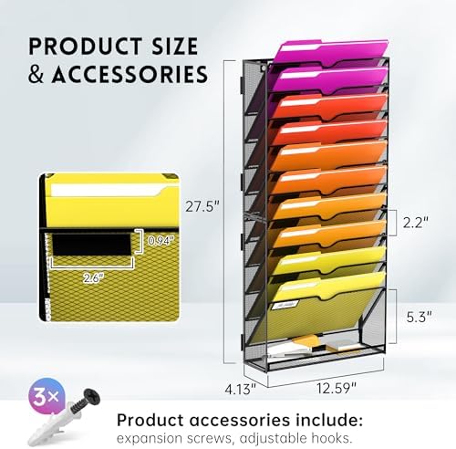 11-Tier Wall File Organizer and Hanging File Organizer with Base, Black - Image 7