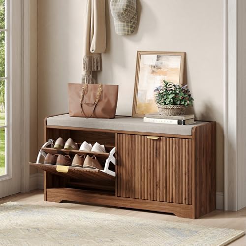 Maupvit 39.4" Fluted Shoe Bench with Storage, Narrow Entryway Bench, Walnut by MaupvitFurniture