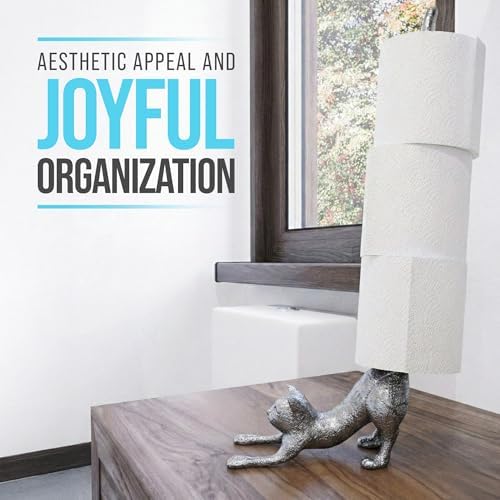 Comfify Yoga Cat Decorative Paper Towel Holder or Toilet Paper Holder - Adorable Downward Dog Pose Kitty- Cast Iron Paper Towel Stand - Antiqued Cast Iron White Color - 18.5" - Silver with Black - Image 7
