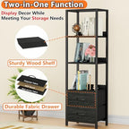 Furnulem 4 Tier Corner Shelf,Black Narrow Bookshelf with 2 Storage Drawers - Image 6