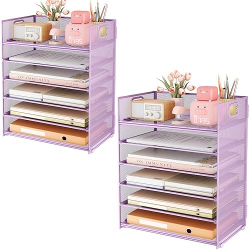 Subekyu 6-Tier Desk Paper Organizer, Desktop File Letter Tray with Handle, Document Sorter and Accessories Holder for Office, Home and School Workspace Organizers, Purple-2 Pack by SUBEKYU