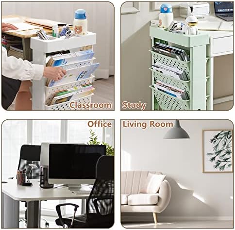 Rolling Office Paper Organizer, Mobile Book Cart Document Folder File Storage with Pen Holder, Slim Rolling Storage Cart Movable Bookshelf for Office, Dorm, Classroom, Nursery, Green - Image 4