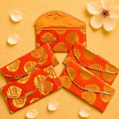LoveNspire Brocade Fabric Money Envelopes (8 x 4 Inch) Decorative Floral Pattern Shagun Lifafa for Indian Wedding, Birthday | Cash Gift Holder & Home Savings Organizer Orange/Pack of 10 by LOVENSPIRE
