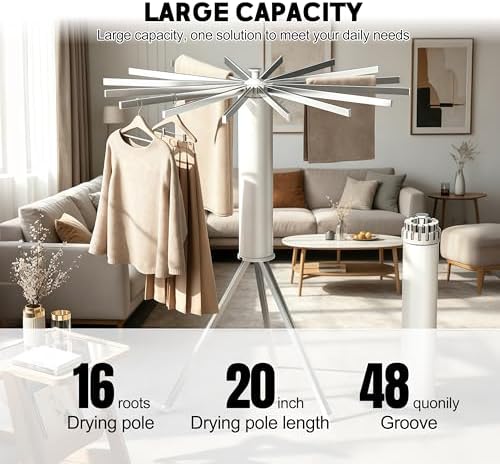 Clothes Drying Rack Foldable, Rotary Tripod Laundry Drying Rack,16 Aluminum Poles,Rotatable Portable Floor Standing Clothes Airer,Laundry Drying Rack Floor Standing - Image 3