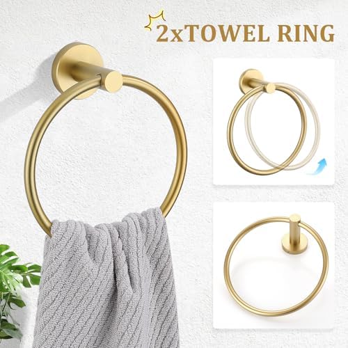 TURS Brushed Gold 8 Piece Bathroom Hardware Set, SUS304 Stainless Steel 24 Inch and 20 Inch Bath Towel Bar Set, Round Bathroom Accessories Kit Wall Mounted - Image 3