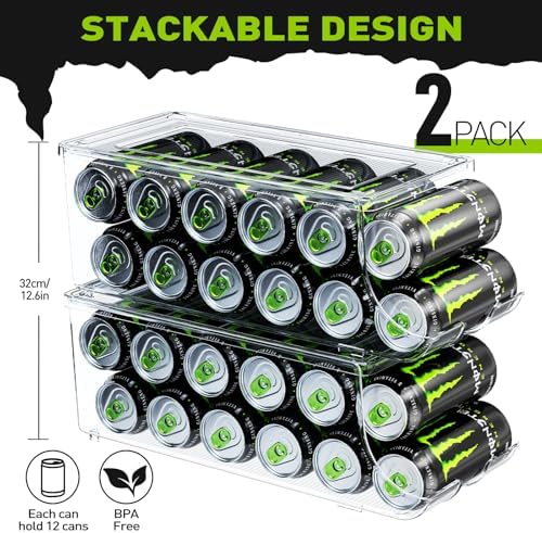 SCAVATA 2 Pack Tall Skinny Can Organizer for Refrigerator, Stackable Large Soda Cans of 16oz & 17oz Beverage Energy Drink Container Holder Dispenser with Lid for Fridge, Clear Storage Plastic Bins - Image 2