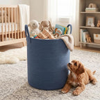 Large Cotton Rope Laundry Basket 80L, Navy Blue Woven Storage Basket with Handles, Decorative Clothes Hamper for Bedroom Living Room, Tall Blanket Basket for Towels Pillows, Modern Organization - Image 5