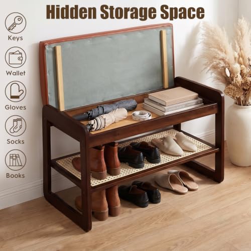 Shoe Rack Bench, 2-Tier Bamboo Entryway Bench 27.5"L, Orange Leather - Image 3