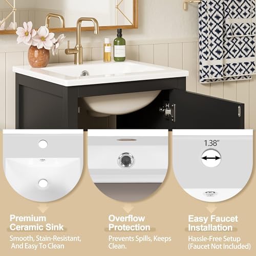 Harper & Bright Designs 18" Bathroom Vanity with Sink, Free Standing Single Vanity Set with One Divider Drawer, and Door Storage Shelf, Wooden Storage Cabinet with Ceramic Basin for Bathroom, Black - Image 7