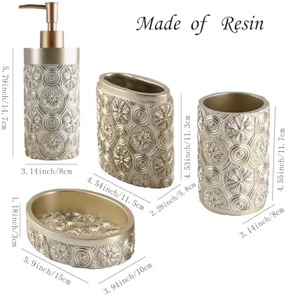 Hymmah Bathroom Accessories Set,Golden Design Toothbrush Holder,Farmhouse Bathroom Decor,4 Pcs Resin Gift Set Apartment Necessities, Contain Toothbrush Cup,Soap Dispenser,Soap Dish,Tumbler - Image 2