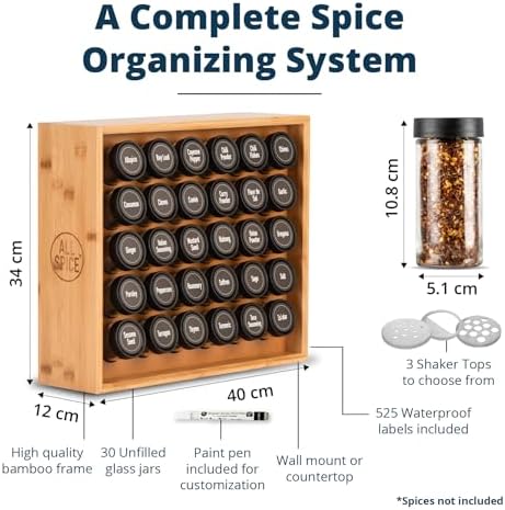 AllSpice Spice Rack Organizer, Wood, 525 Unique Labels, Countertop or Wall Mount, Includes 30 4oz Jars- Bamboo - Image 3
