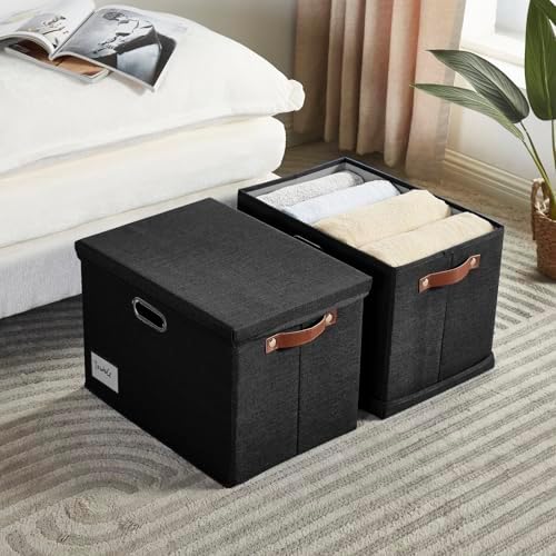 Roobyl 17" Large Fabric Storage Box with Lids, 3-Pack, Black - Image 2